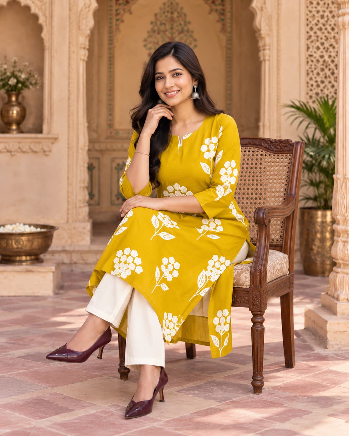 Mustard modal muslin kurta with white floral embroidery and appliqué