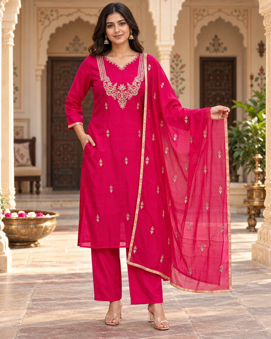 Rani pink embroidered Mul Chanderi kurta set with dupatta by Odhanibymann