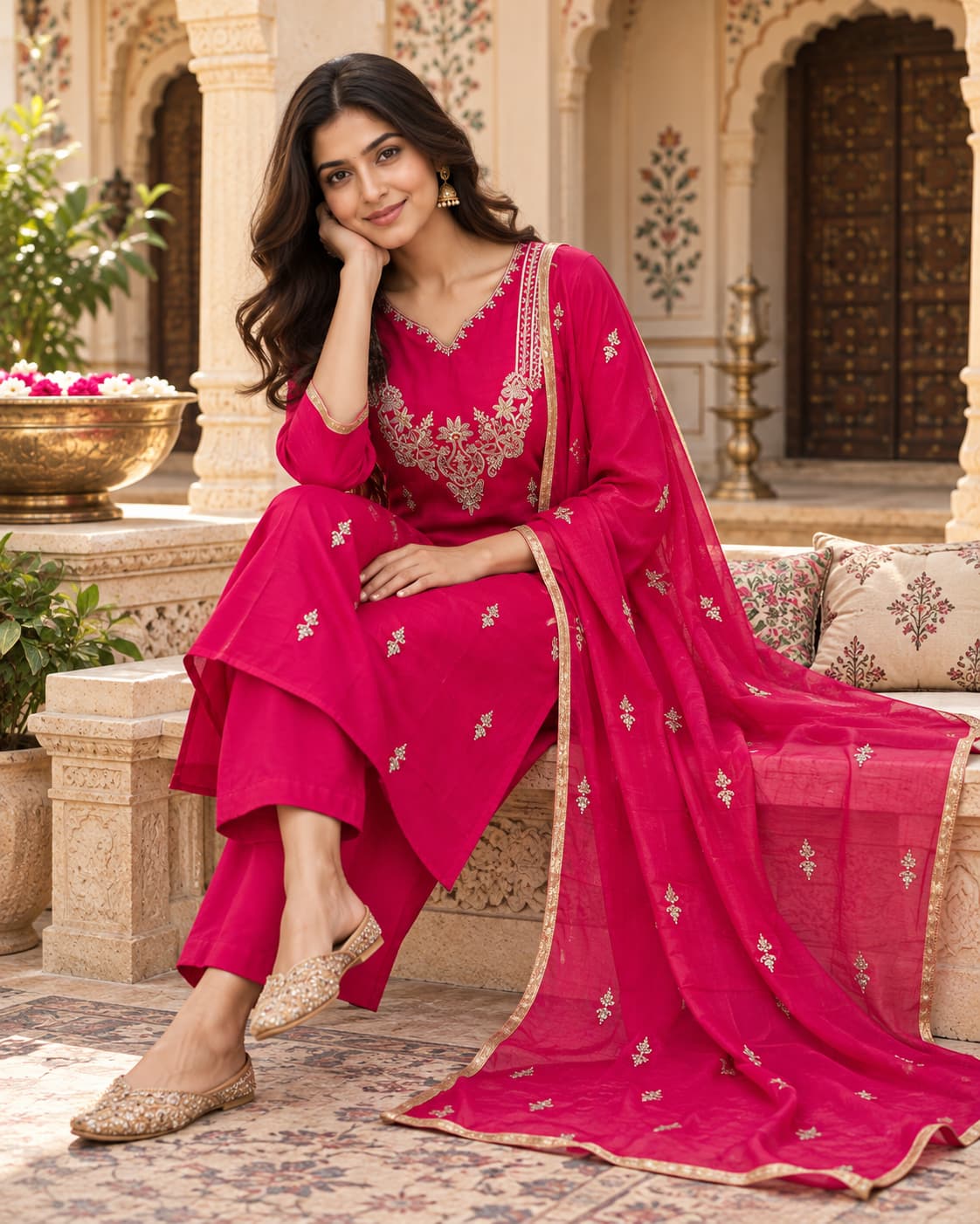 Rani pink kurta with zari and handwork embroidery on the V-neck yoke