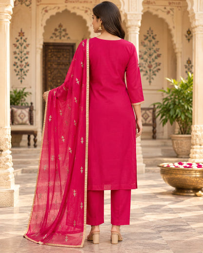 Three-quarter sleeves with gold decorative border on a pink kurta