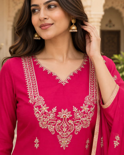 Floral motif embroidery on a rani pink Mul Chanderi kurta