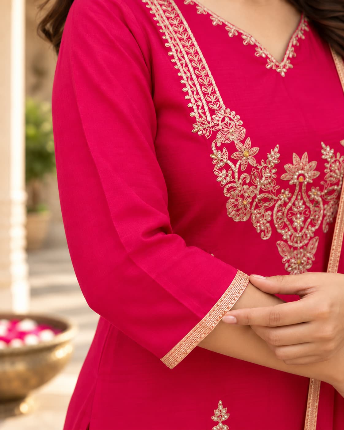 Three-piece rani pink kurta, matching pants and dupatta set for women