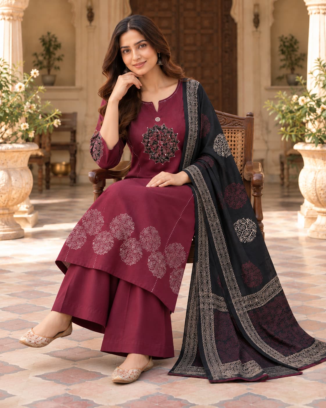 Wine Dabu cotton appliqué kurta set with black dupatta by Odhanibymann