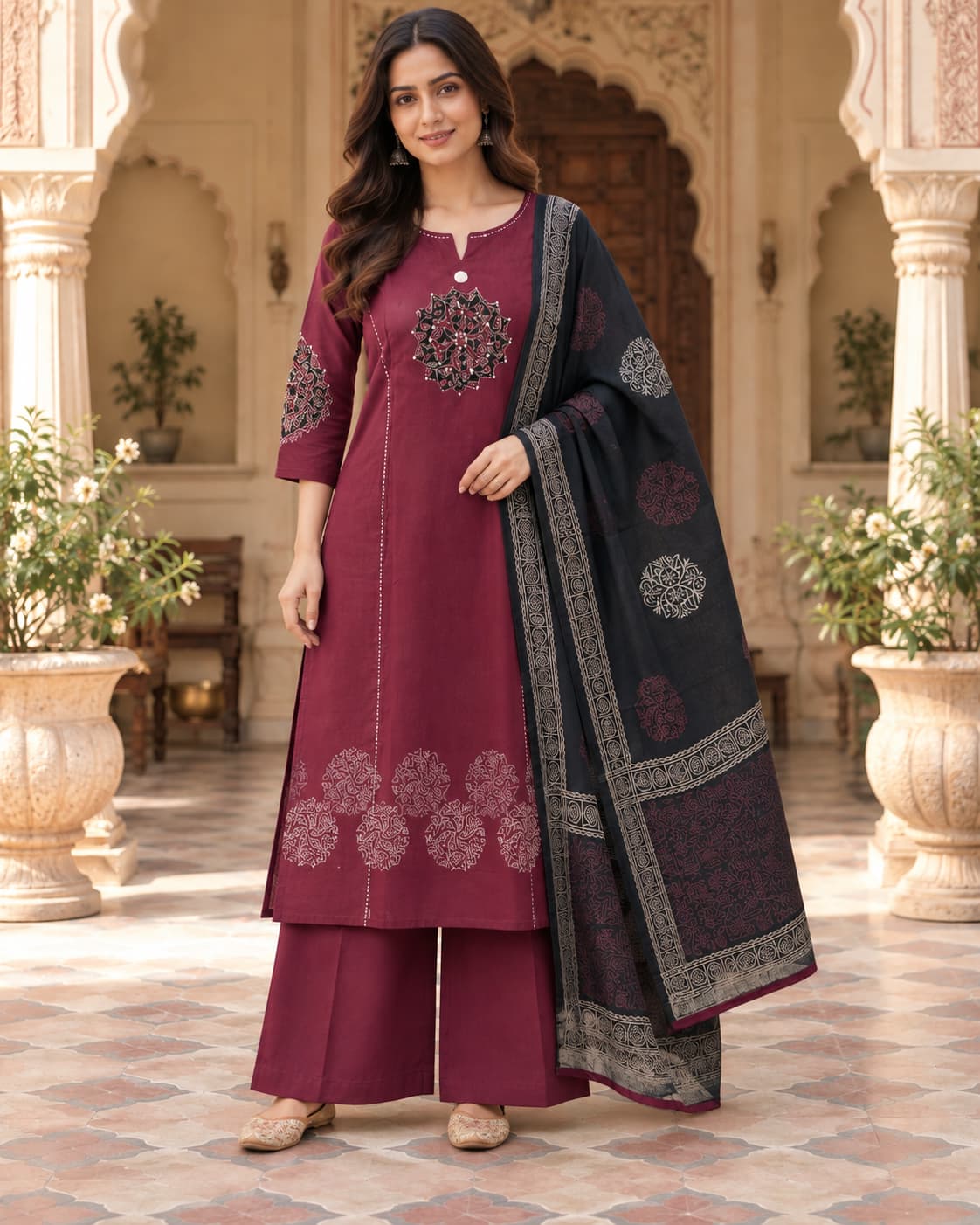 Wine cotton kurta with contrasting appliqué work and round neckline with front slit