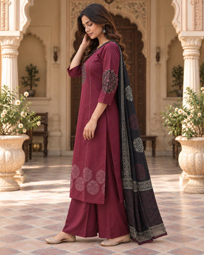 Three-piece wine cotton kurta, palazzo and black dupatta set for women