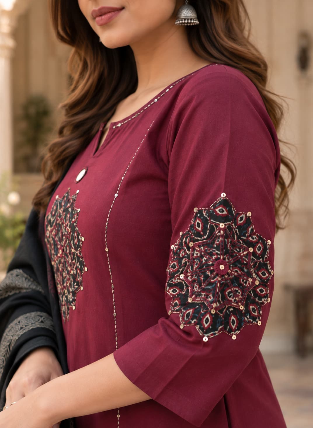 Wine Dabu kurta palazzo set for office and festive wear