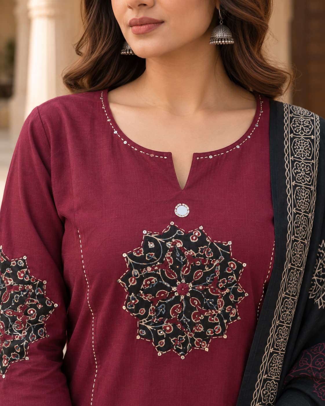 Black printed dupatta with traditional motifs and decorative border
