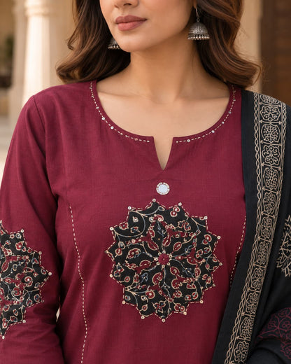 Black printed dupatta with traditional motifs and decorative border
