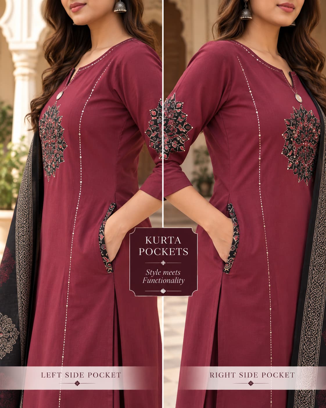 Wide-leg palazzo with side pockets from the wine Dabu kurta set
