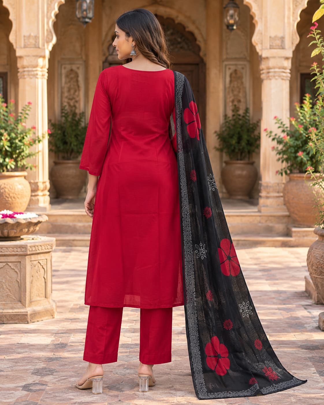 Black dupatta with red floral motifs and decorative borders