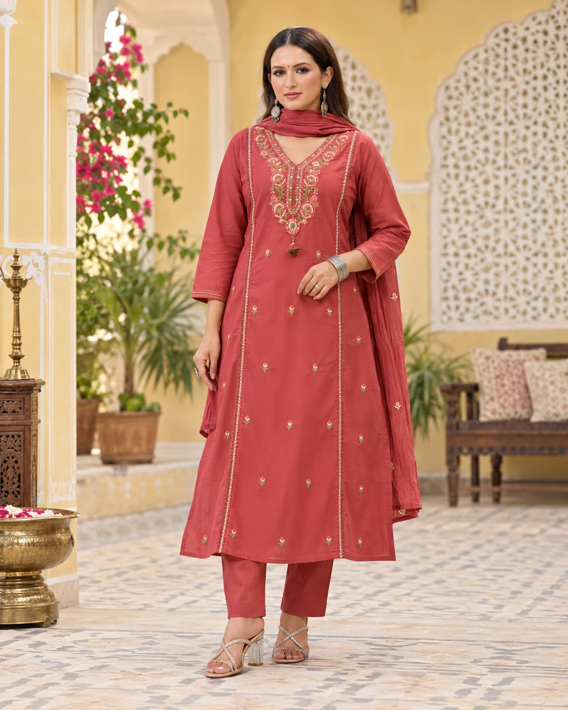 Kusum Gajari Pink Embroidered Cotton Kurta Set