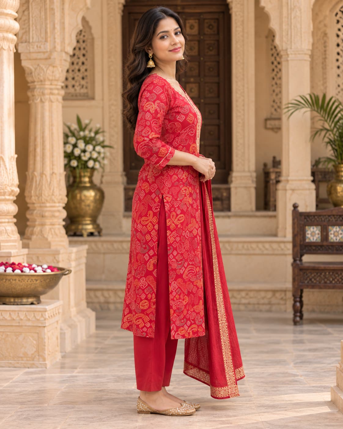 Three-piece red printed kurta, matching bottoms and dupatta set for women
