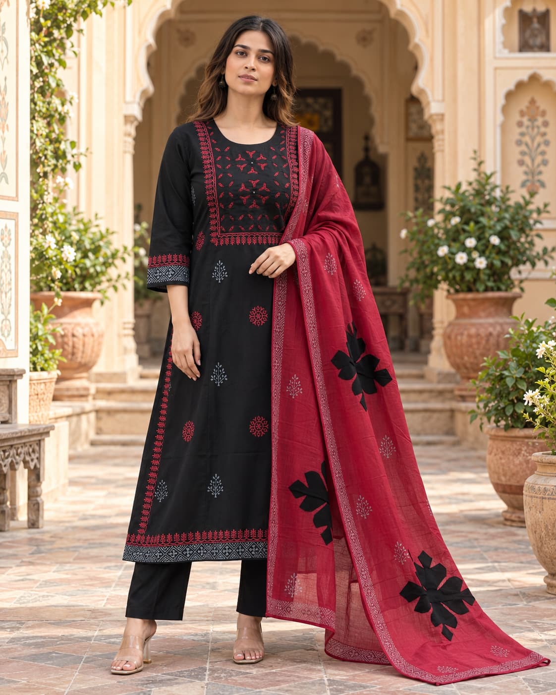 Gulnaar black Dabu cotton kurta set with red dupatta by Odhanibymann