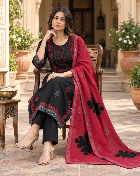 Black A-line cotton kurta with Dabu-style print and appliqué work