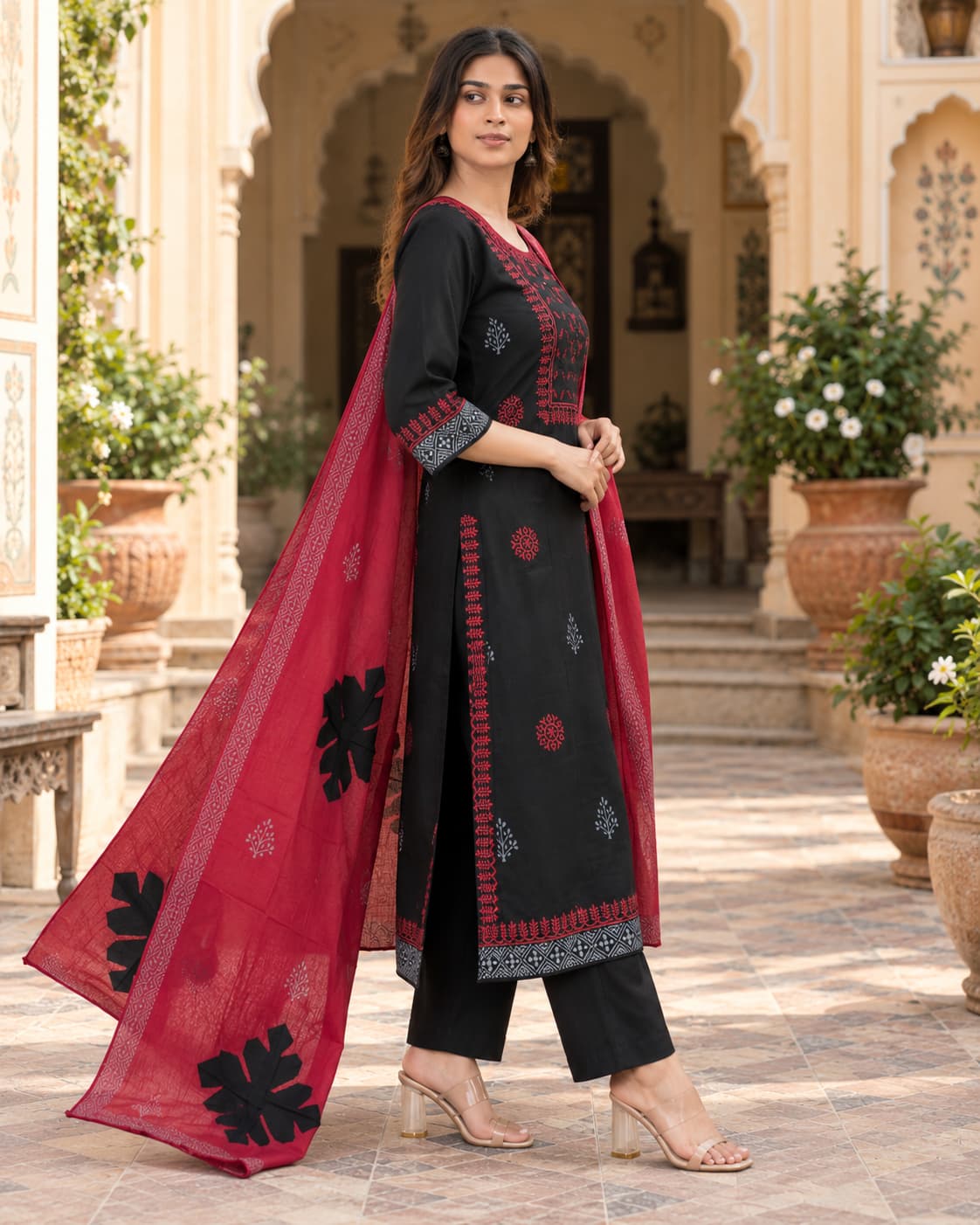 Red dupatta with black floral motifs from the Gulnaar kurta set