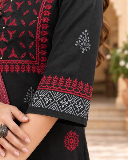Three-piece black cotton kurta, pants and red dupatta set for women