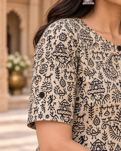 Black heritage print kurta palazzo set for office and everyday wear