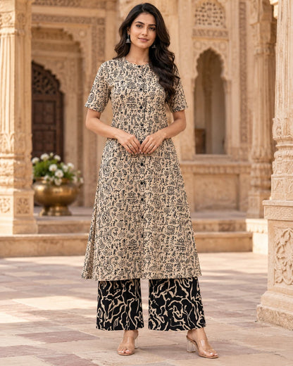 Rangrez black printed cotton kurta palazzo set by Odhanibymann