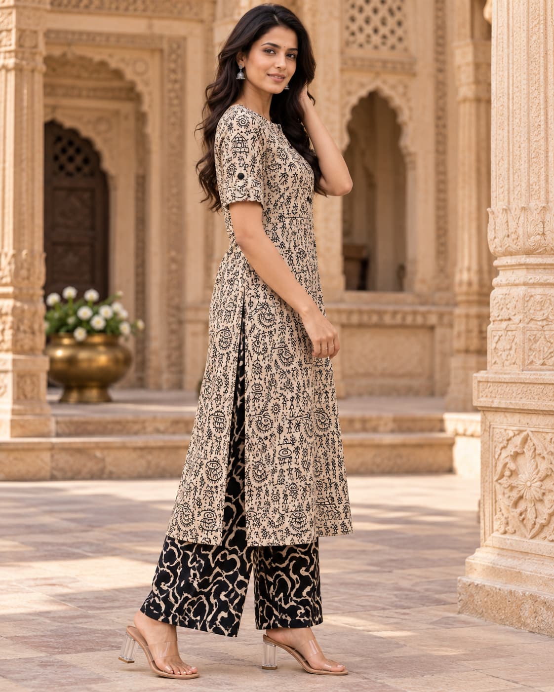 Straight relaxed-fit black cotton kurta with matching printed palazzo