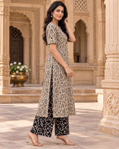 Straight relaxed-fit black cotton kurta with matching printed palazzo