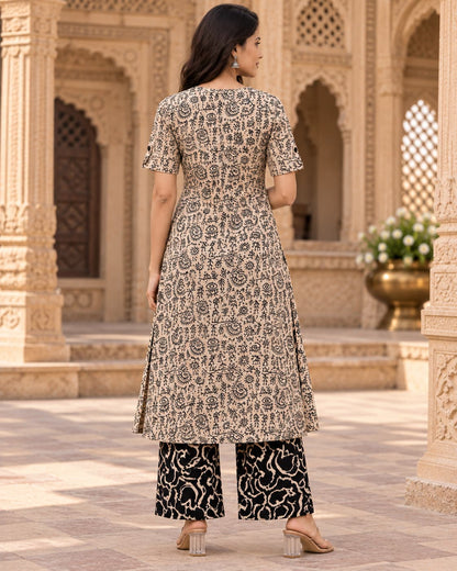 Coordinated printed cotton palazzo from the Rangrez black kurta set