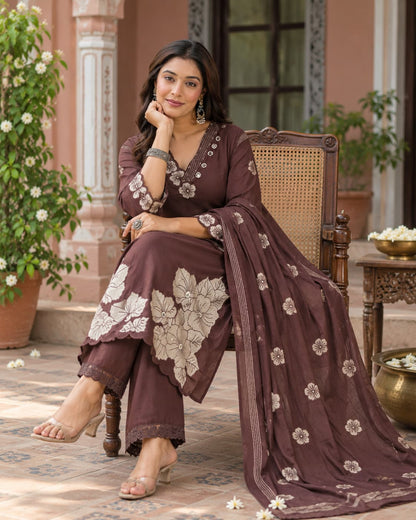 Gulbahar chocolate brown embroidered cotton kurta set with dupatta, styled for festive and office wear