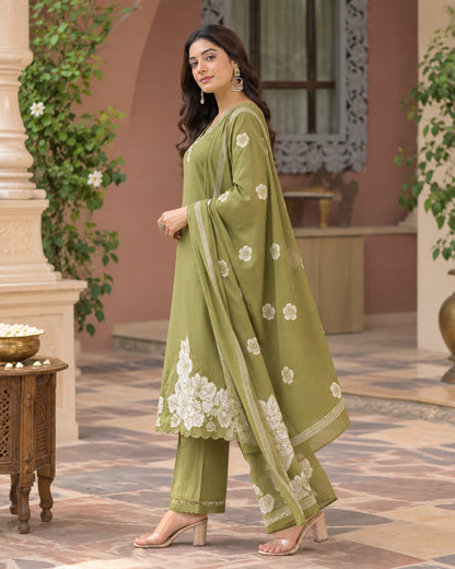 Vanya Olive Green Floral Embroidered Kurta Set
