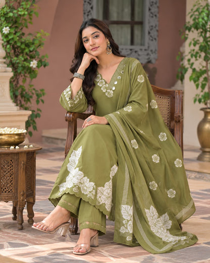 Vanya Olive Green Floral Embroidered Kurta Set