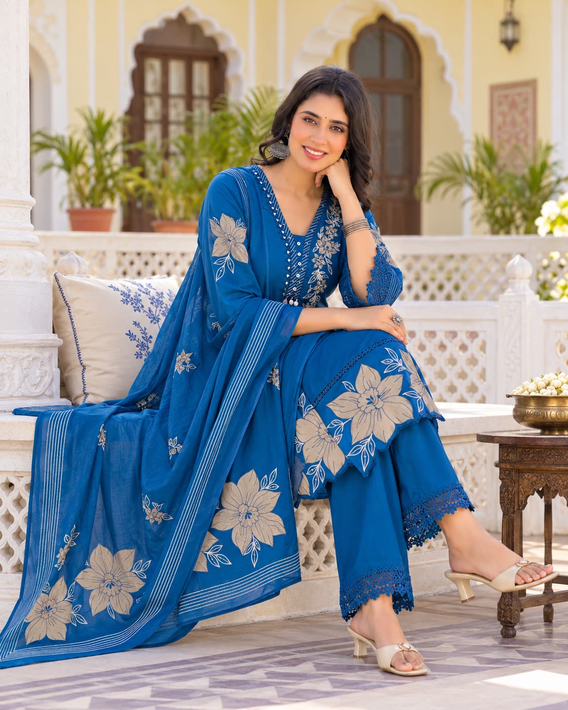 Myra blue floral embroidered kurta set with matching pants and dupatta, styled for office and festive wear