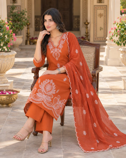 Riva Orange Embroidered Kurta Set