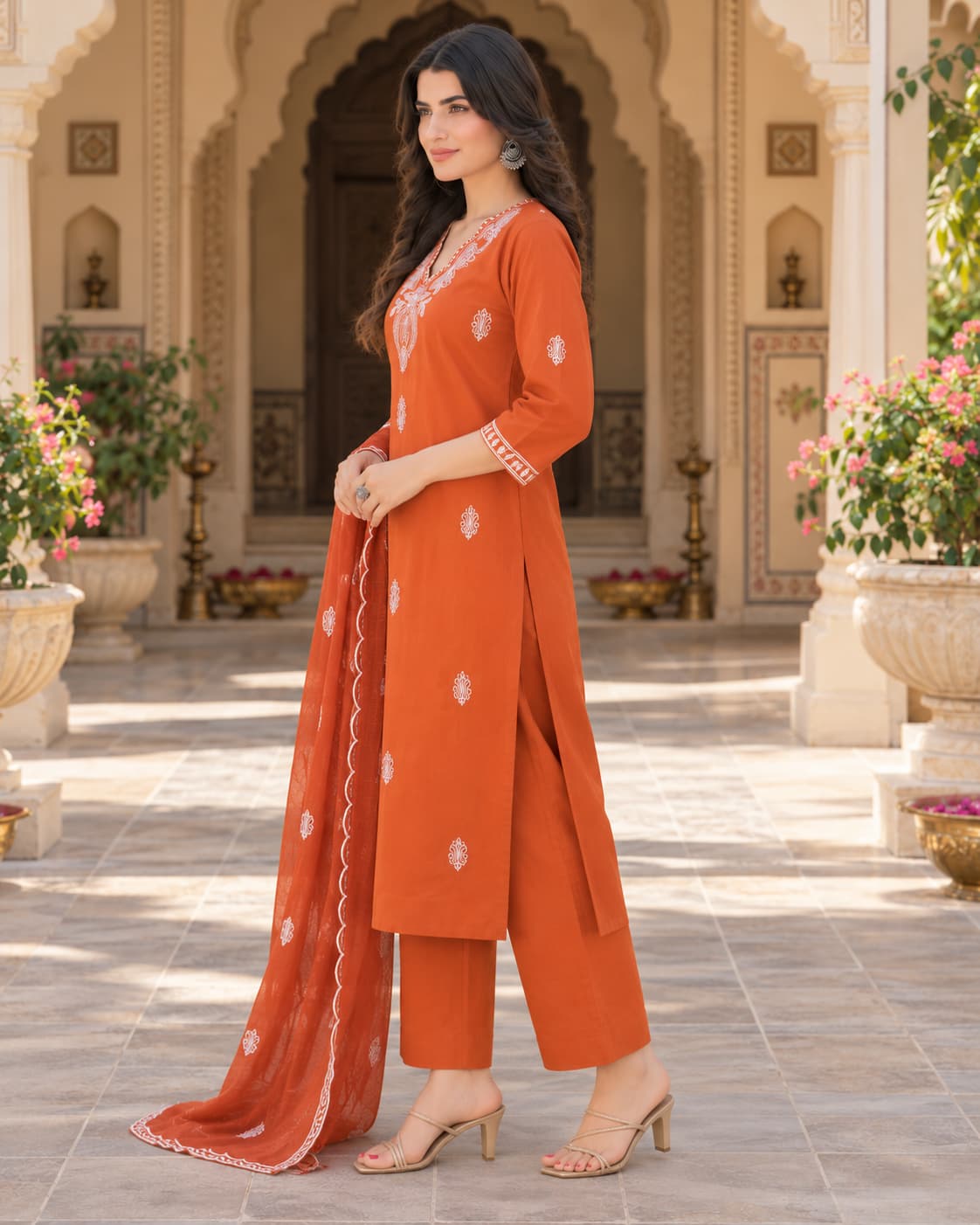 Riva Orange Embroidered Kurta Set