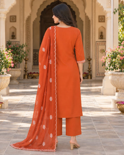 Riva Orange Embroidered Kurta Set