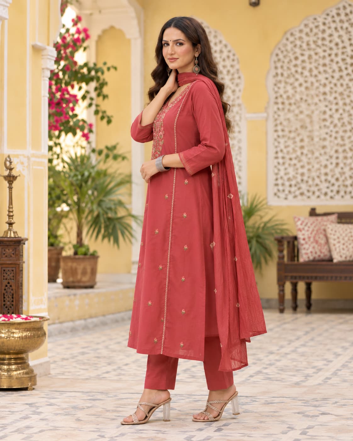 Kusum Gajari Pink Embroidered Cotton Kurta Set