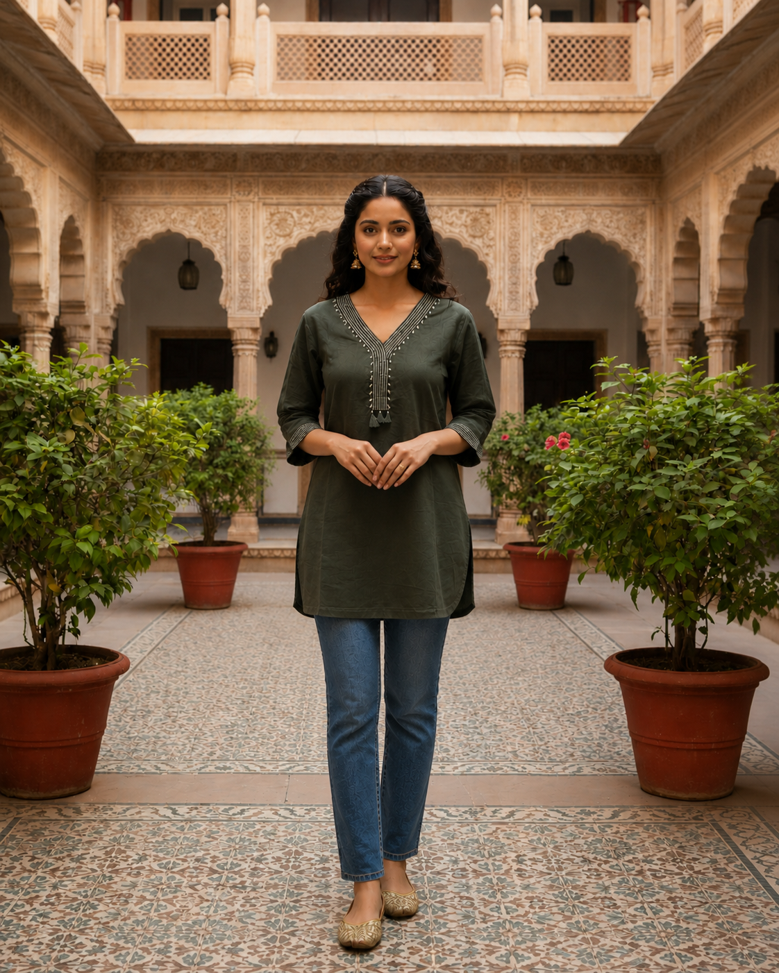 Deep Olive Embroidered Cotton Kurti