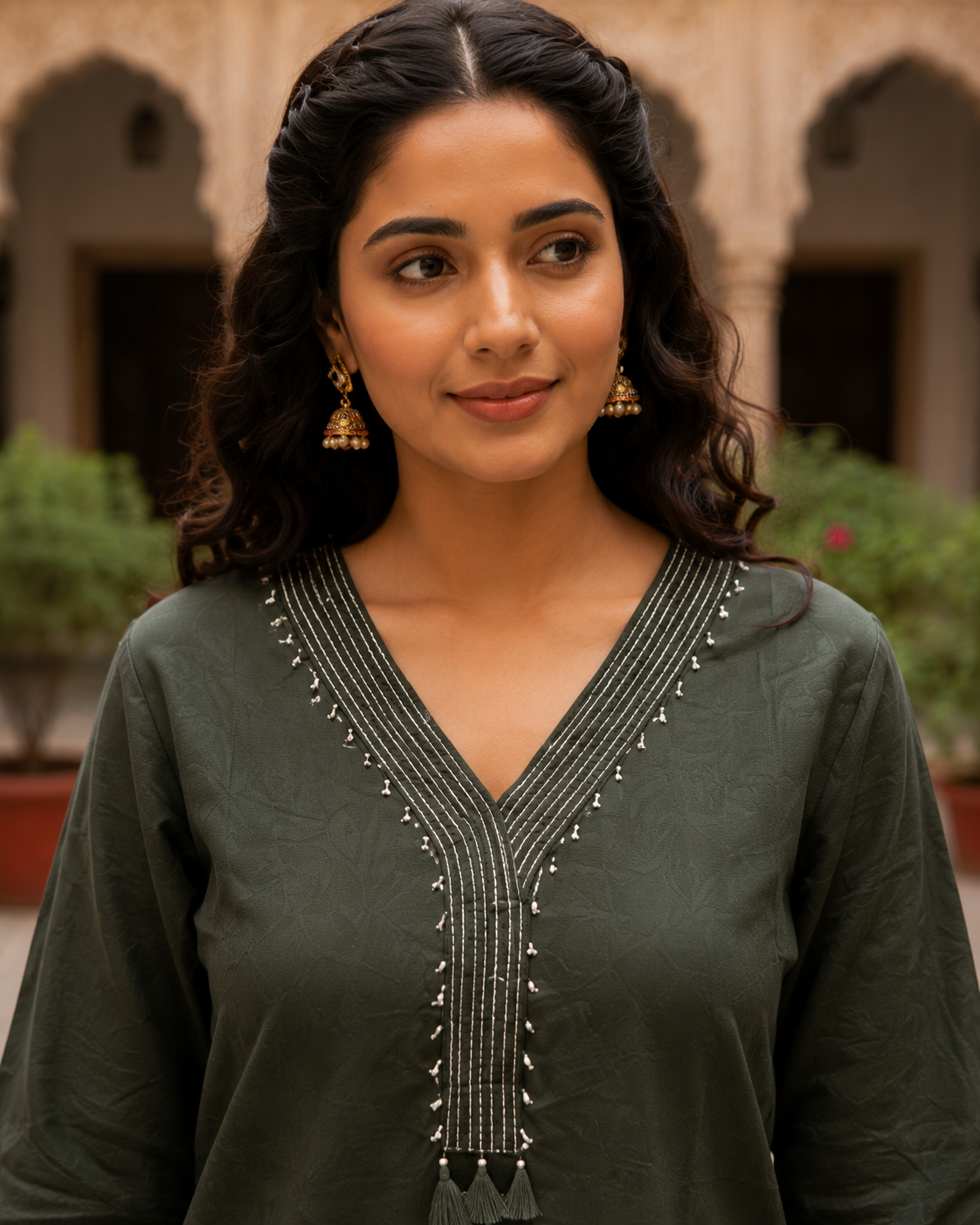 Deep Olive Embroidered Cotton Kurti
