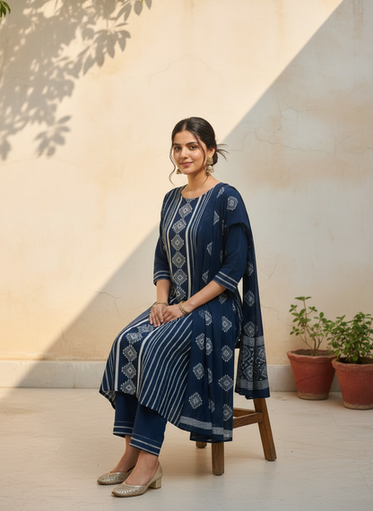 Blue Printed Cotton Kurta Set with Dupatta for Women | Elegant Everyday Ethnic Wear