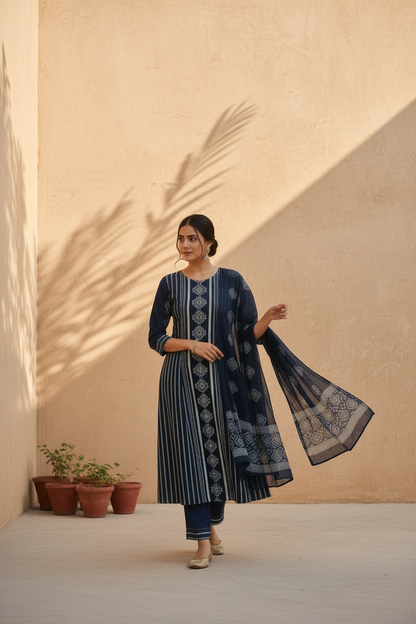 Blue Printed Cotton Kurta Set with Dupatta for Women | Elegant Everyday Ethnic Wear