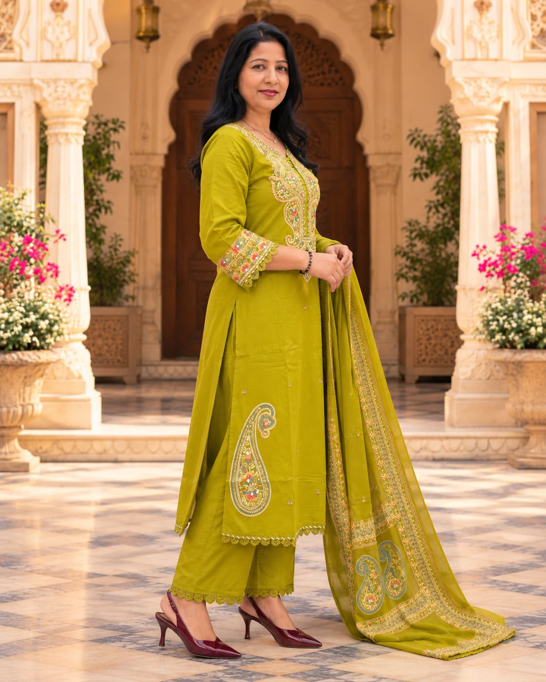 Full-length view of the mehendi green cotton kurta, matching pant and dupatta