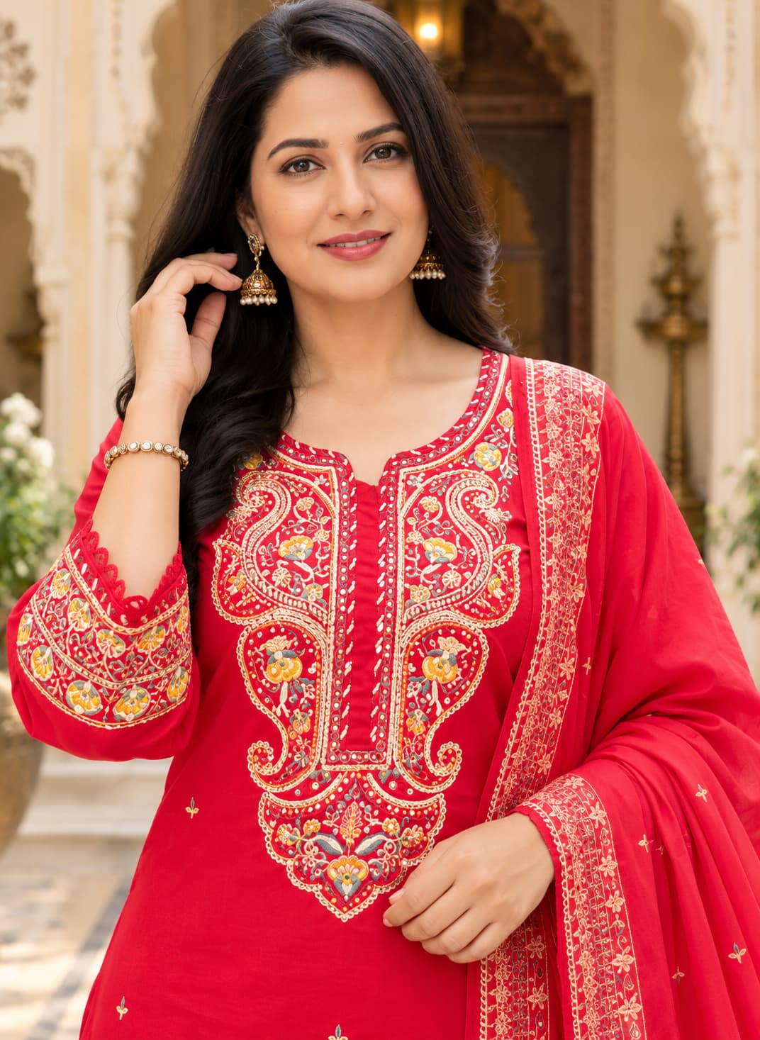 Full-length view of the red cotton kurta, matching pants and embroidered dupatta