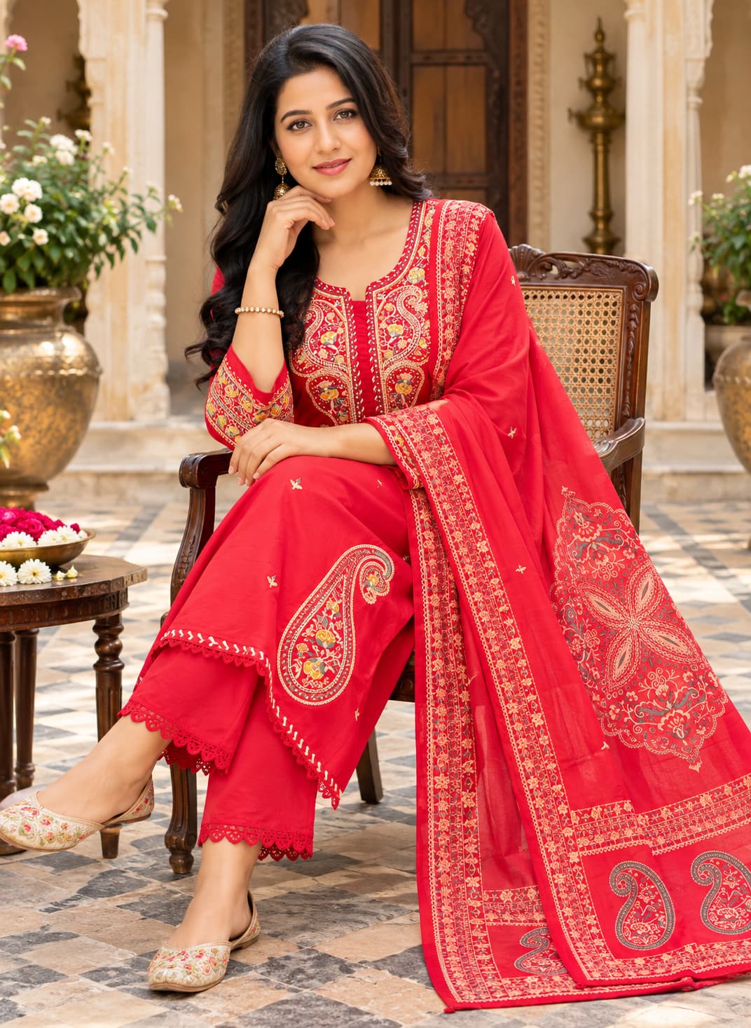 Woman wearing a red embroidered cotton kurta set with dupatta in a heritage courtyard