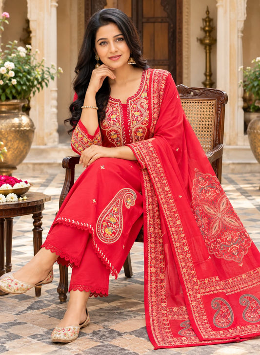 Woman wearing a red embroidered cotton kurta set with dupatta in a heritage courtyard