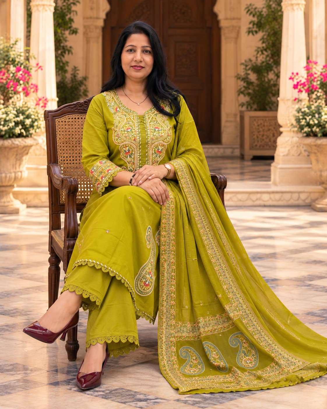 Mehendi green kurta set styled with the dupatta draped over one shoulder
