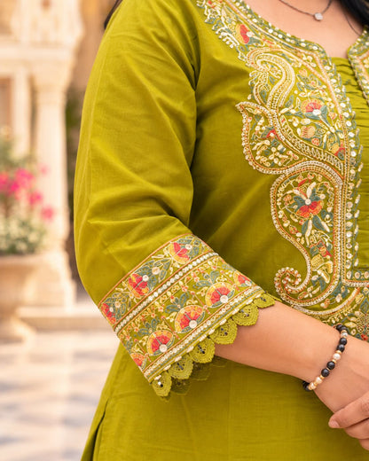 Close-up of embroidery on the sleeve of a mehendi green cotton kurta