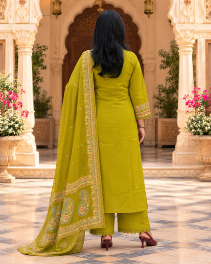 Mehendi green embroidered kurta set for Navratri, poojas and family functions