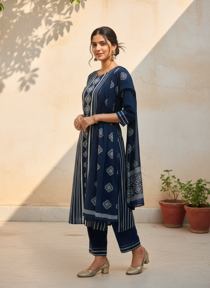 Blue Printed Cotton Kurta Set with Dupatta for Women | Elegant Everyday Ethnic Wear