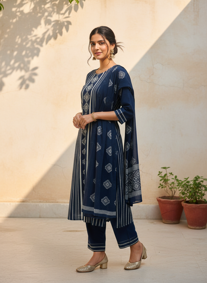 Blue Printed Cotton Kurta Set with Dupatta for Women | Elegant Everyday Ethnic Wear