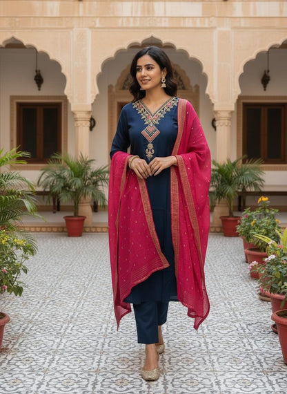 Teal Embroidered Kurta Set with Dupatta