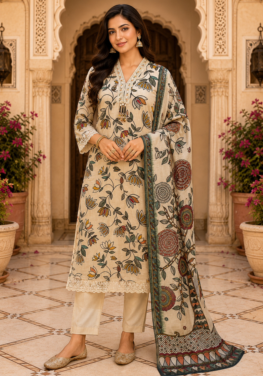 Floral Printed Cream Kurta Set with Dupatta for Women1