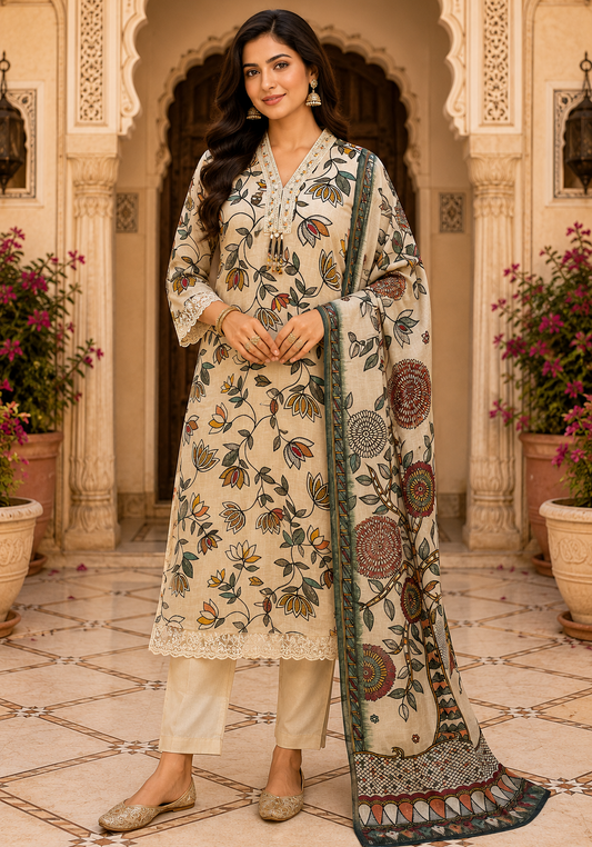 Floral Printed Cream Kurta Set with Dupatta for Women1