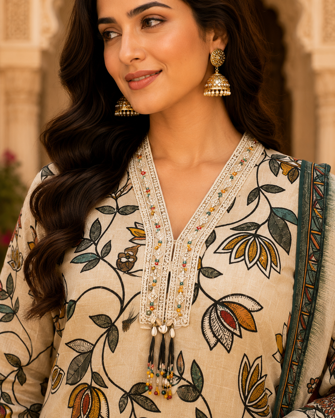 Floral Printed Cream Kurta Set with Dupatta for Women2